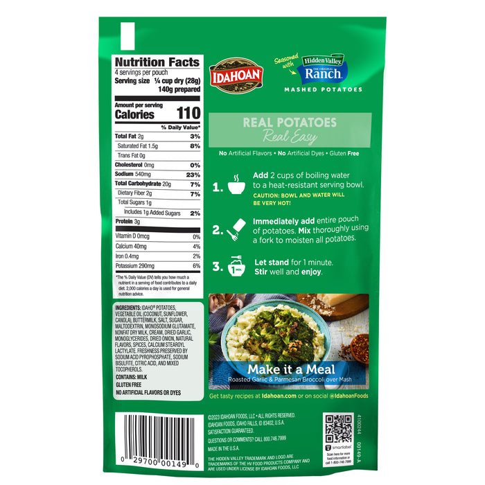Back image of Idahoan® Mashed Potatoes seasoned with Hidden Valley® Original Ranch®