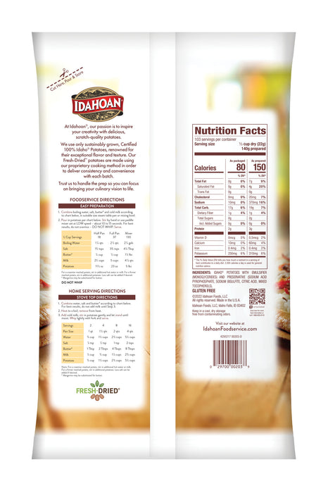 Back of pouch image of Idahoan® FLAKES Unseasoned Potatoes