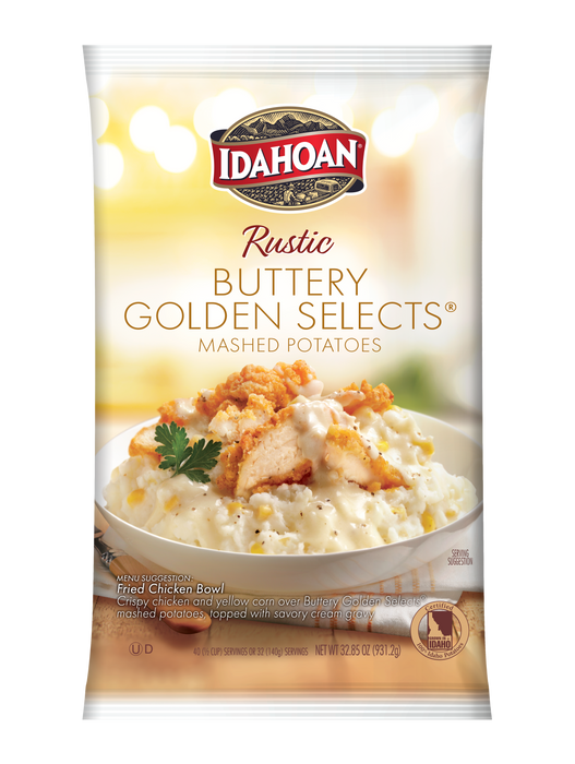 Front of pouch image of Idahoan® RUSTIC Buttery Golden Selects® Mashed Potatoes