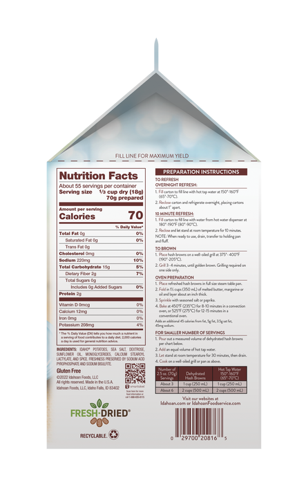 Back of carton image of Idahoan® SHREDS Hearty Cut Hash Browns with Sea Salt & Cracked Black Pepper