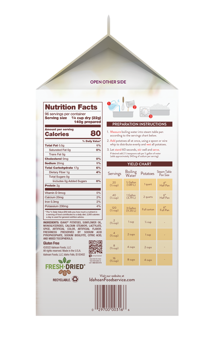 Back of pouch image of Idahoan® SMARTMASH® Very Low Sodium Dairy-Free Mashed Potatoes