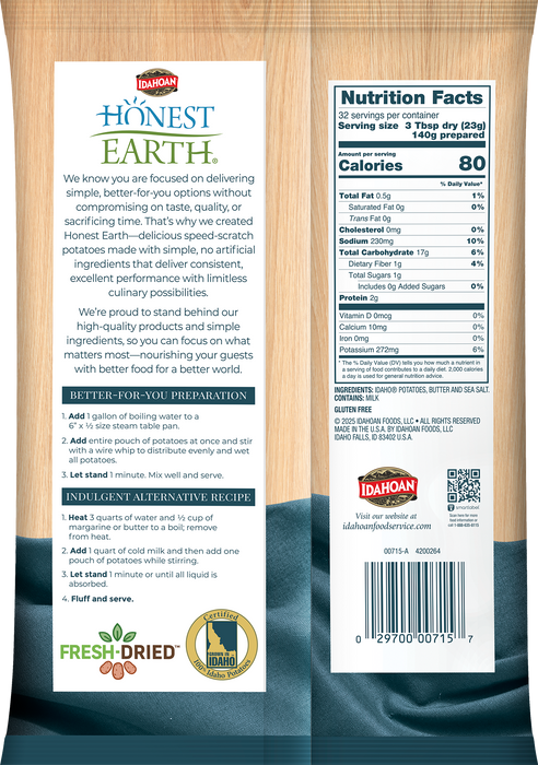 Idahoan® Honest Earth® CREAMY Mashed Potatoes with a hint of Butter & Sea Salt, 12/26 oz. pchs