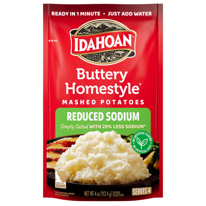 Idahoan® Buttery Homestyle® Reduced Sodium Mashed Potatoes, 4 oz (Pack of 12)