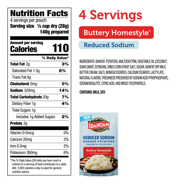 Idahoan® Buttery Homestyle® Reduced Sodium Mashed Potatoes, 4 oz (Pack of 12)