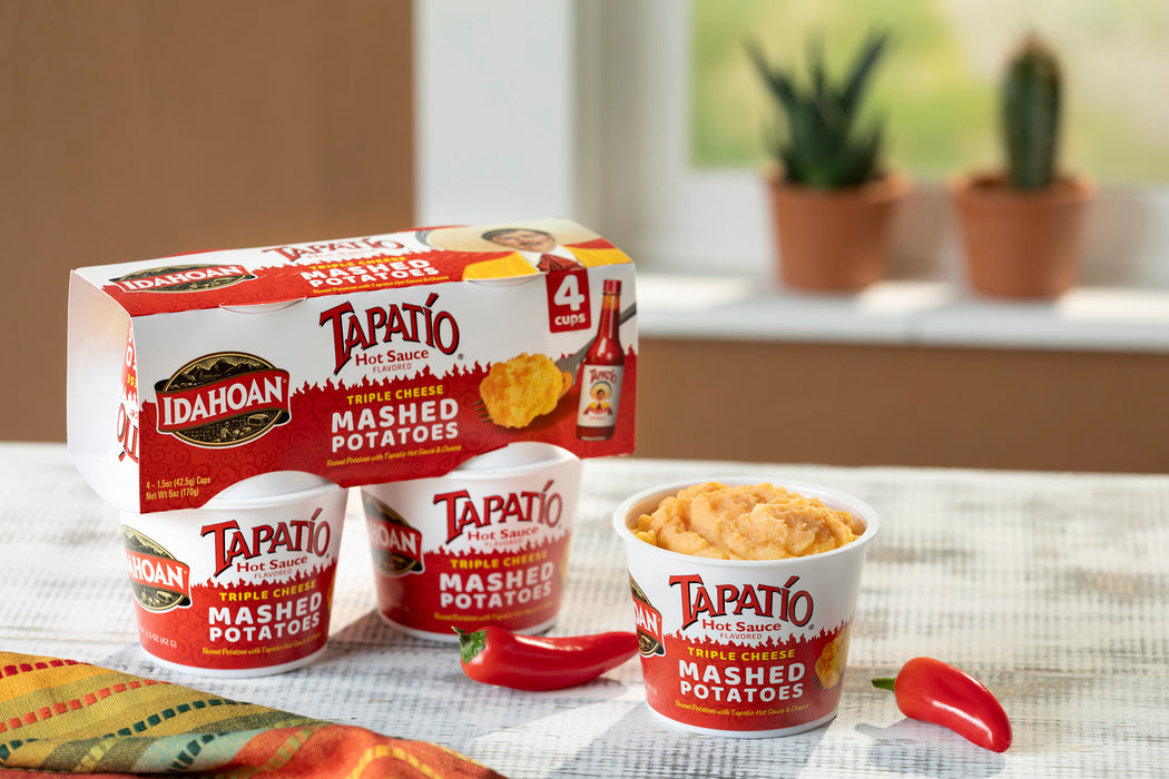 Image of cooked and plated Idahoan Tapatio Mashed Potatoes Cup 4-pack