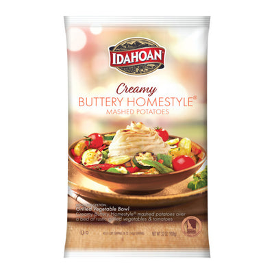 Front of pouch image of Idahoan Creamy Buttery Homestyle mashed potatoes