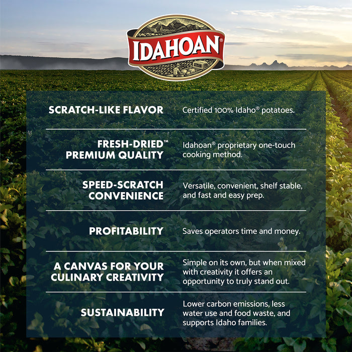 Idahoan Foodservice Marketing Image: scratch-like flavor, fresh-dried premium quality, speed-scratch convenience, profitability, a canvas for your culinary creativity, and sustainability