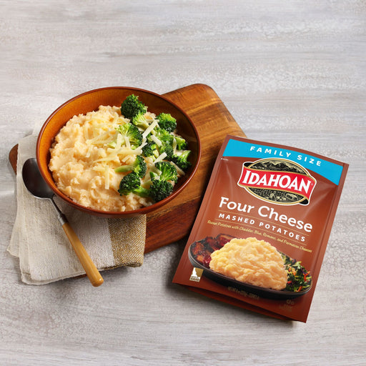 Image of cooked and plated Idahoan® Four Cheese Mashed Potatoes Family Size