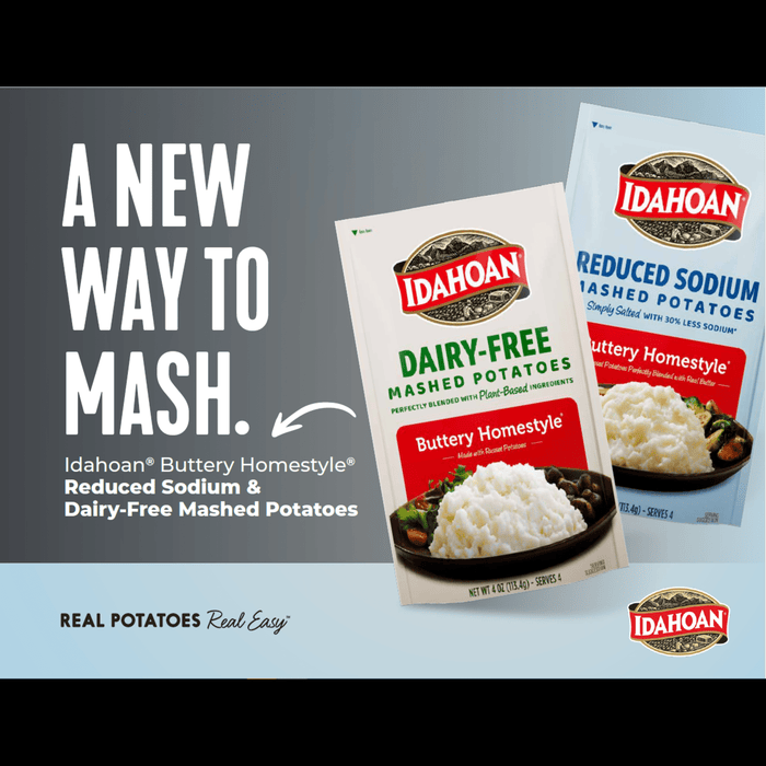 Infographic of Idahoan Real Potatoes, Real Easy. Always made with real potatoes. Potatoes sourced from the great state of Idaho. Naturally Gluten Free. Homemade Taste in minutes.