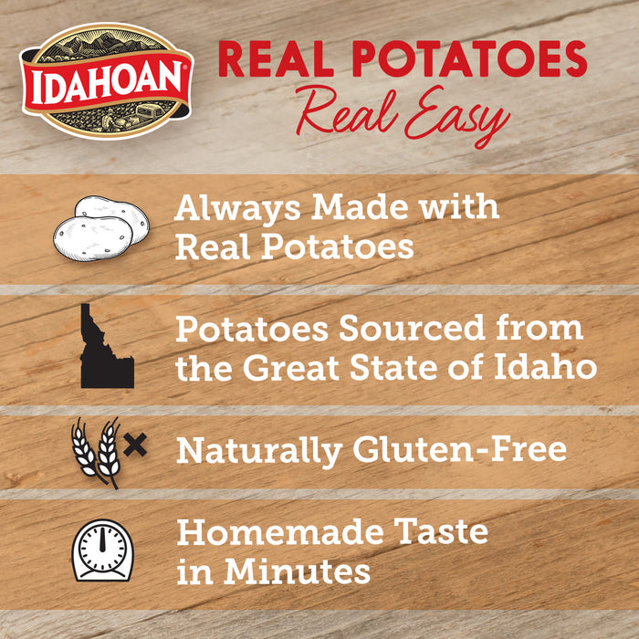 Infographic of Idahoan Real Potatoes, Real Easy. Always made with real potatoes. Potatoes sourced from the great state of Idaho. Naturally Gluten Free. Homemade Taste in minutes.