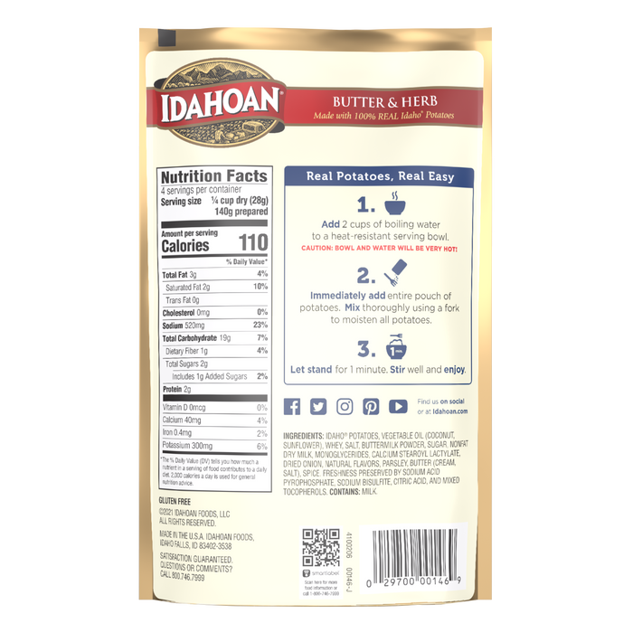 Back of pouch image of Idahoan® Butter & Herb Mashed Potatoes