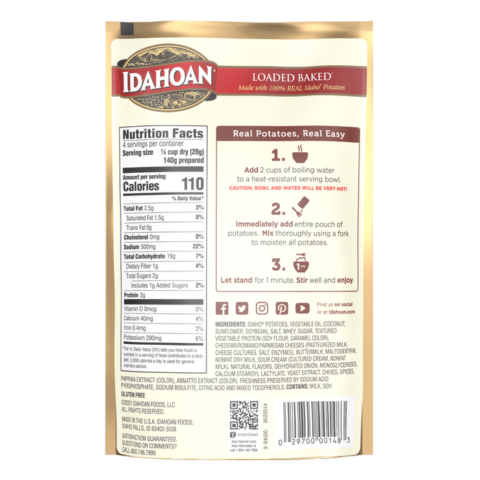 Back of pouch image of Idahoan Loaded Baked® Mashed