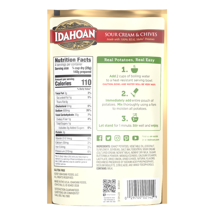 Back of pouch image of Idahoan® Sour Cream & Chives Mashed