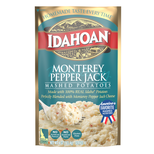 Front of pouch image of Idahoan Monterey Pepper Jack mashed potatoes