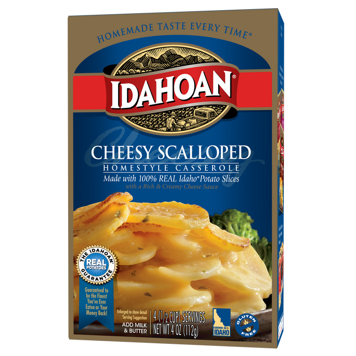 Front of box image of Idahoan Cheesy Scalloped Homestyle Casserole