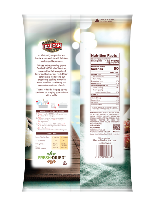 Back of pouch image of Idahoan® RUSTIC Russets Mashed Potatoes