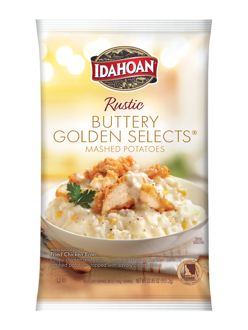 Front of pouch image of Idahoan® RUSTIC Buttery Golden Selects® Mashed Potatoes