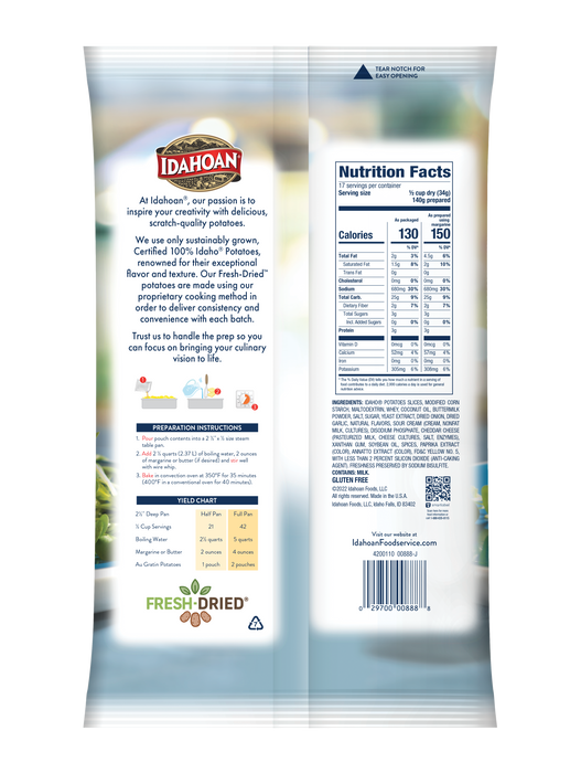 Back of pouch image of Idahoan® SLICES Au Gratin Potatoes