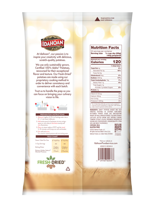 Back of pouch image of Idahoan® RUSTIC Buttery Golden Selects® Mashed Potatoes