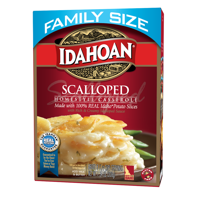 Front of box image of Idahoan Scalloped Homestyle Casserole Family Size