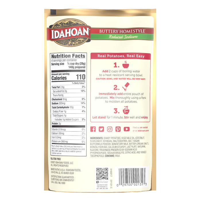 Back of pouch image of Idahoan Buttery Homestyle Reduced Sodium Mashed Potatoes