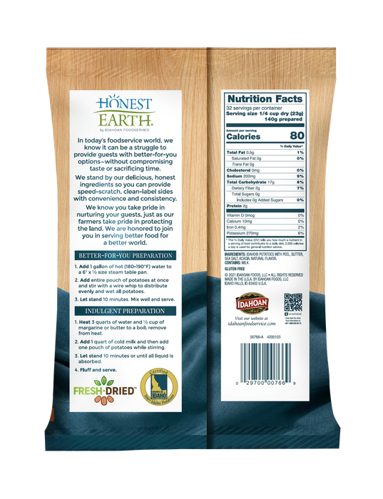 Back of pouch image of Honest Earth® Rustic Mashed Potatoes with Butter & Sea Salt