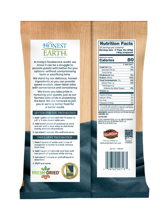 Back of pouch image of Honest Earth® Creamy Mashed Potatoes with Butter & Sea Salt