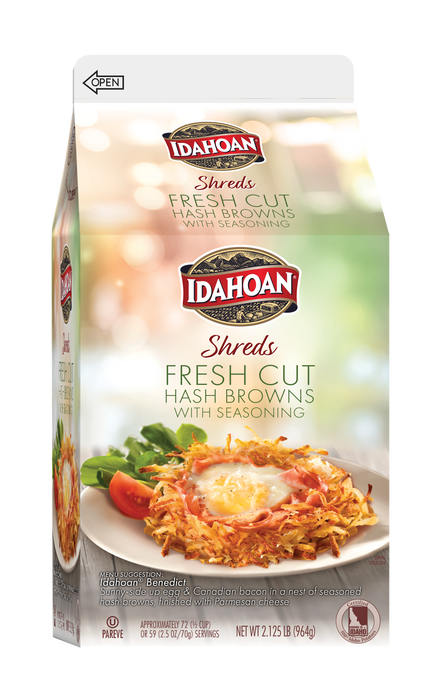 Front of carton image of Idahoan® SHREDS Fresh Cut Hash Browns with Seasoning