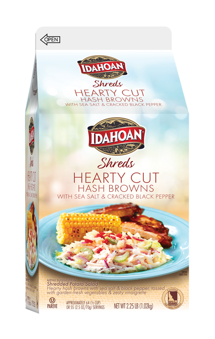 Front of carton image of Idahoan® SHREDS Hearty Cut Hash Browns with Sea Salt & Cracked Black Pepper
