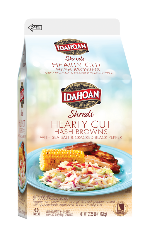 Front of carton image of Idahoan® SHREDS Hearty Cut Hash Browns with Sea Salt & Cracked Black Pepper