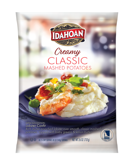 Front of pouch image of Idahoan® CREAMY Classic Mashed Potatoes made on a plate