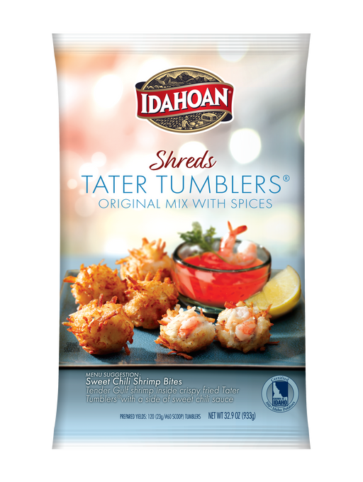 Front of pouch image of Idahoan® SHREDS Tater Tumblers® Original Mix with Spices