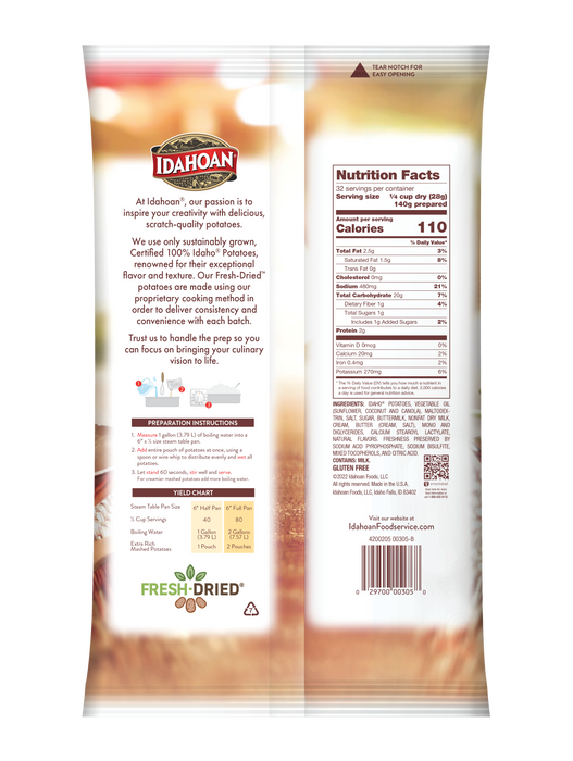 Back of pouch image of Idahoan® CREAMY Extra Rich Mashed Potatoes