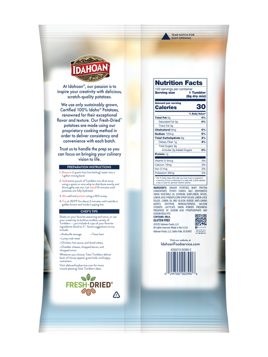 Back of pouch image of Idahoan® SHREDS Tater Tumblers® Original Mix with Spices