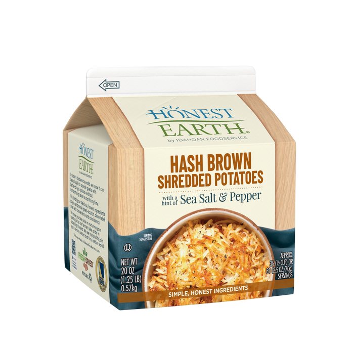 Front of carton image of Honest Earth® Hash Brown Shredded Potatoes with a Hint of Sea Salt & Pepper